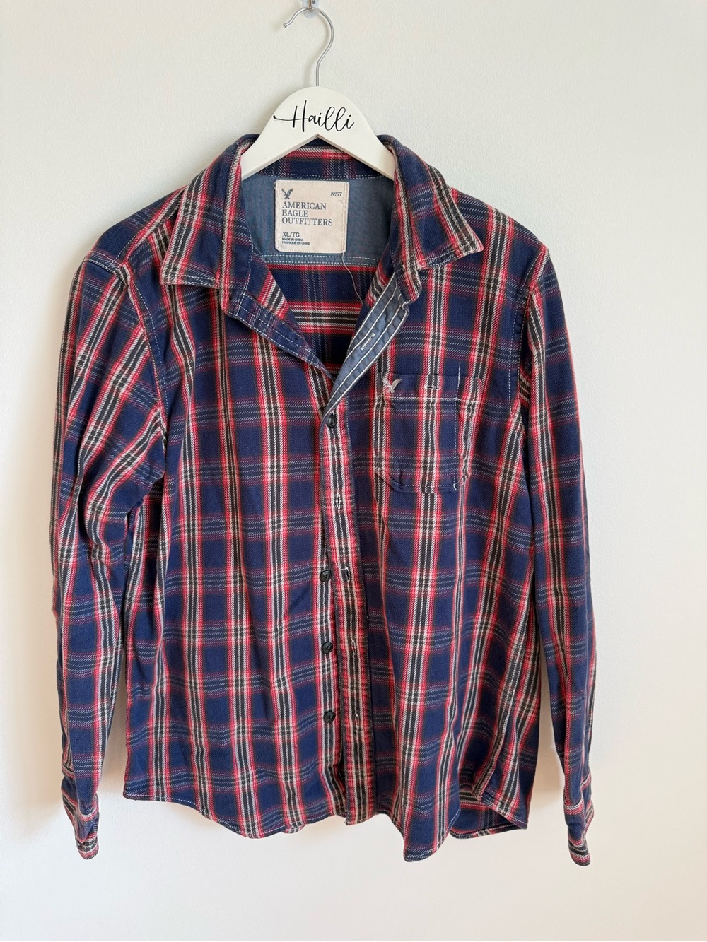 American Eagle Outfitters Blue and Red Plaid Button-Down Shirt